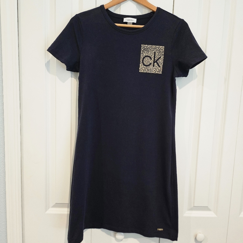 Calvin Klein Navy T-Shirt  Dress Gold Studded CK Logo Short Sleeve Small